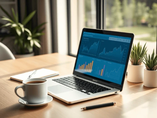 Data analytics dashboard on a laptop. Improve SEO and website rankings from home.